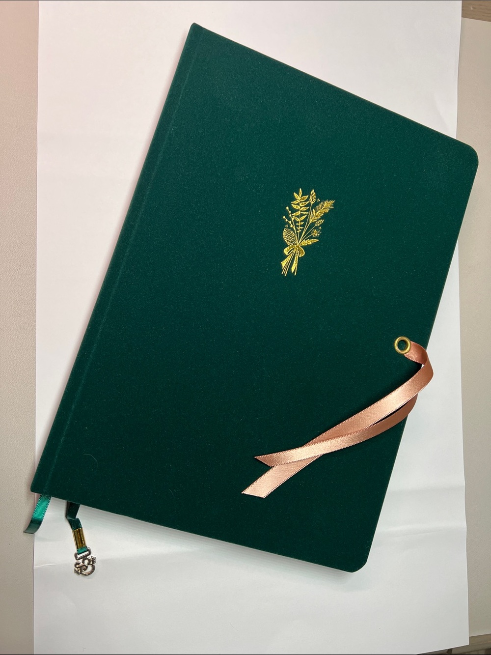 Emerald Green Velvet Journal with Gold Botanical Accent and Pink Ribbon Tie